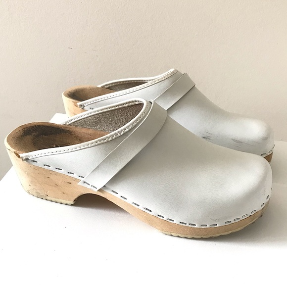Vintage Shoes - Vintage Swedish Clogs White Leather Wooden Soles